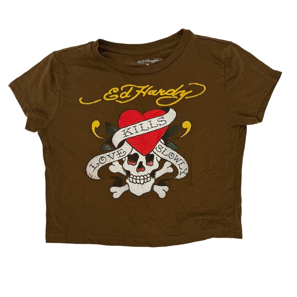Ed Hardy Love Kills Slowly Skull Heart Brown Graphic T-Shirt Y2K Streetwear